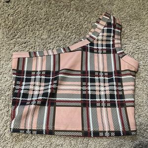 One arm tube tops. Size S (plaid) and Size M (multi color) both from SHEIN.
